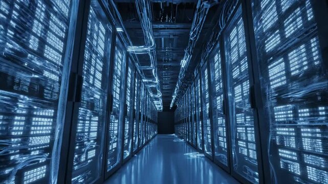 Futuristic server room in a data center with rows of glowing blue server racks and hightech network infrastructure for cloud computing and big data processing