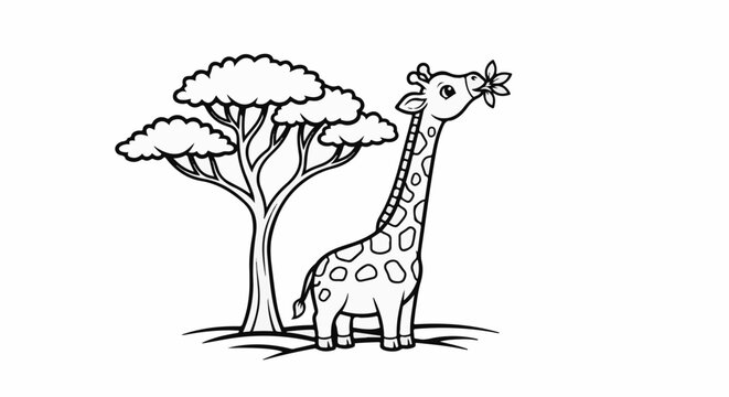 Cartoon giraffe reaching for leaves from a savanna tree