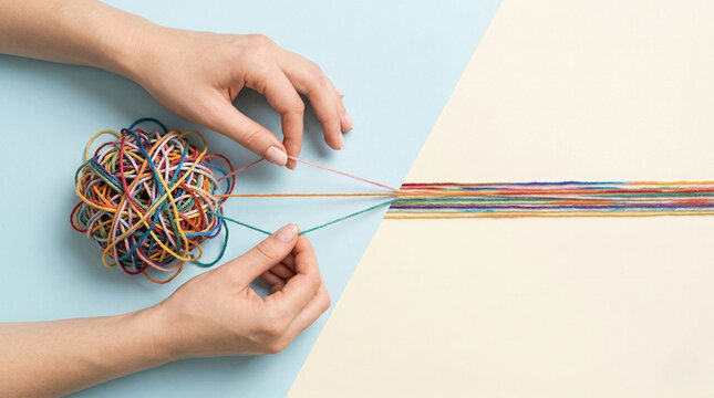 Hands untangling a messy ball of colorful yarn into straight lines, therapy and professional problem solving concept.