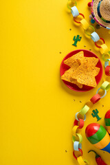 Bright Cinco de Mayo party vertical flat lay with nacho chips, maraca, sombrero and colorful...