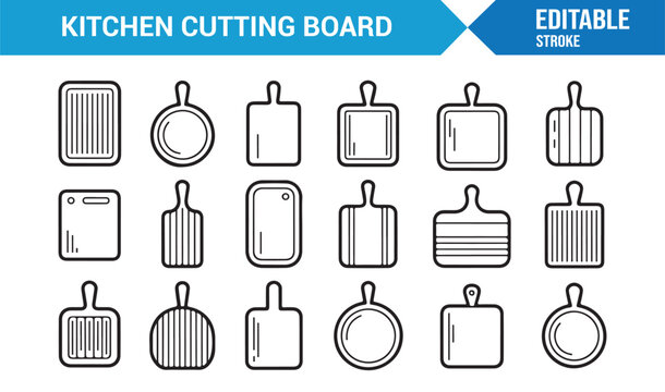 Kitchen utensil icons set with cutting boards and food preparation tools