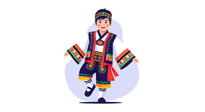 Child in Traditional Asian Folk Costume Dancing