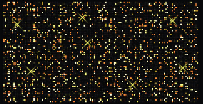 Abstract background with golden square pixels and sparkling light effects