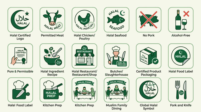 Halal food icons and labels for certified products on white background