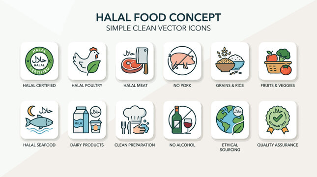 Halal food concept icons set with certification labels on white background