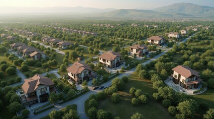 Fototapeta premium Aerial view of a modern suburban neighborhood with lush greenery and mountain backdrop at sunrise.