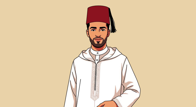 Man in traditional Moroccan djellaba and fez hat, standing against a plain background.