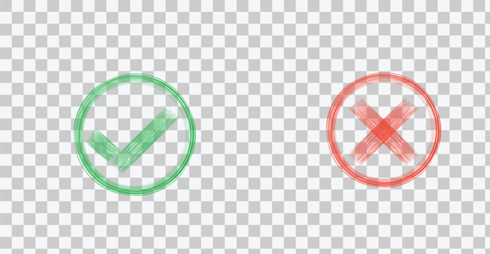 Green check mark and red cross mark icons, hand drawn style, isolated on white background