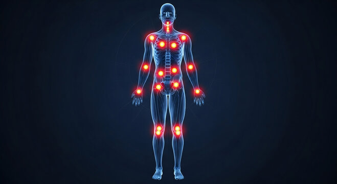 Human body outline with glowing red points indicating joint pain or inflammation.