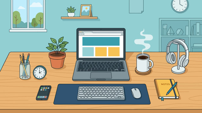 Home office workspace with laptop and accessories on white background