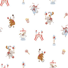 Circus animals with bear, elephant, cat juggler, balloons and tent seamless pattern, watercolor illustration. Ideal for nursery textiles, wrapping paper, kids decor, fabric, wallpaper, and branding © Eva Gentle
