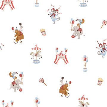 Circus animals with bear, elephant, cat juggler, balloons and tent seamless pattern, watercolor illustration. Ideal for nursery textiles, wrapping paper, kids decor, fabric, wallpaper, and branding