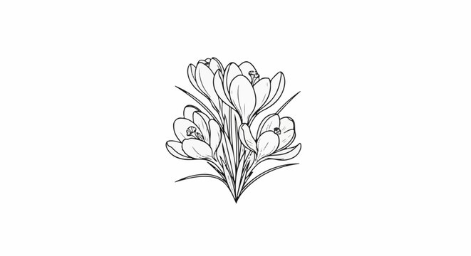 Delicate outline drawing of blooming crocus flowers with thin leaves