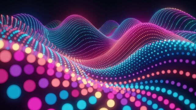 Dynamic digital wave patterns composed of many glowing colorful dots creating a vibrant futuristic technology visualization in an abstract dark space