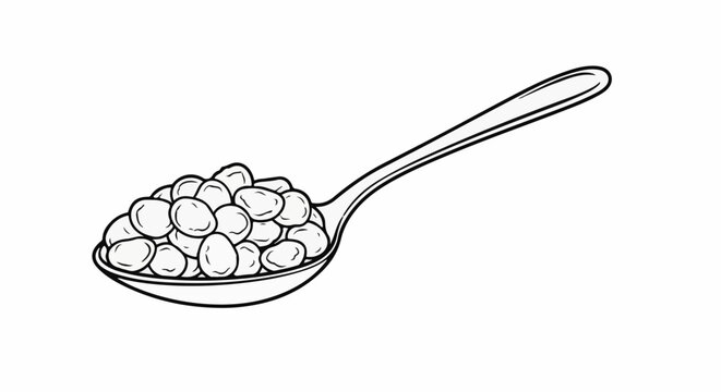 Black and white illustration of a spoon filled with small, oval-shaped beans