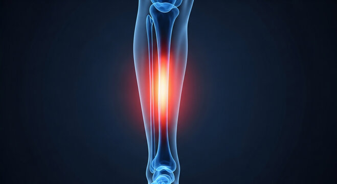3D rendering of a human lower leg with a glowing red area indicating pain or injury in the shin bone.