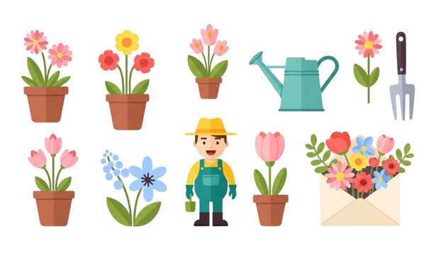 Spring flowers and gardening vector set with pots watering can floral envelope and gardener for design