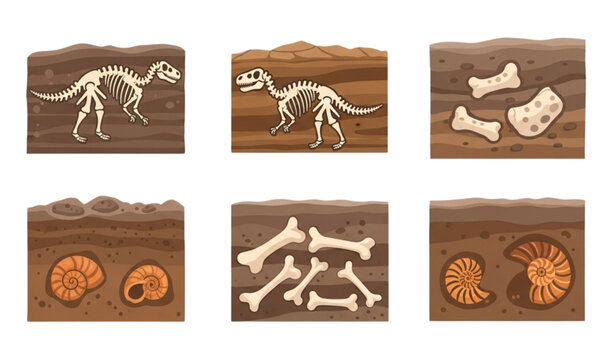 Paleontology fossil illustration with dinosaur skeletons ammonites and buried shells in ground sections