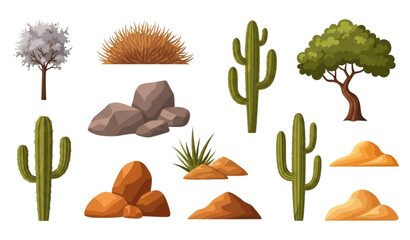 Desert elements vector set with tumbleweed cactuses rocks and tropical tree in cartoon style © MstRuna