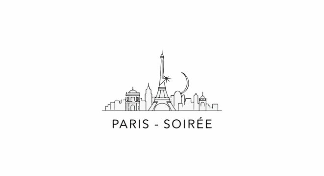 Black and white outline of Paris skyline with Eiffel Tower and crescent moon