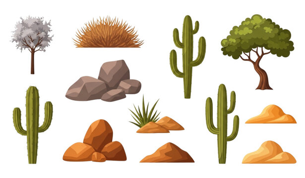Desert elements vector set with tumbleweed cactuses rocks and tropical tree in cartoon style