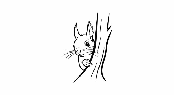 Black and white sketch of a squirrel peeking from behind a tree trunk