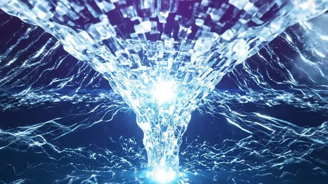 Abstract digital funnel vortex with flowing particles and light trails, representing data processing, information flow, and big data analysis