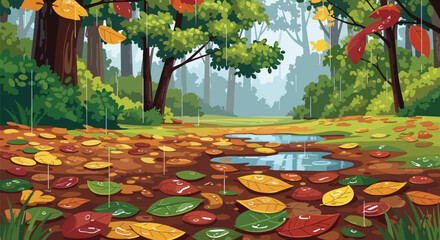 Naklejka premium Rainy Autumn Forest Landscape with Fallen Colorful Leaves and Puddles
