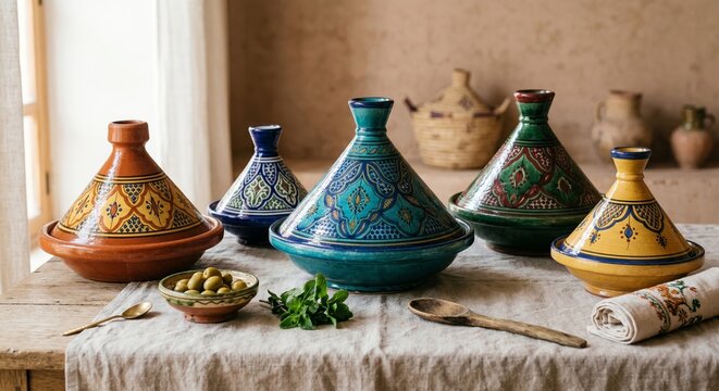 A beautifully arranged table setting featuring colorful Moroccan tagines and traditional kitchen utensils