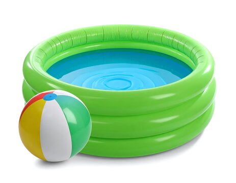 A green inflatable pool with a multicolored beach ball beside