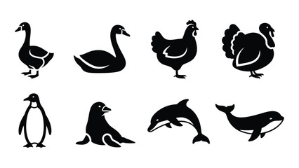 A collection of various waterfowl and marine animal silhouettes including ducks swans and a dolphin silhouette high quality professional detailed modern © SILHUETTECHEMBER