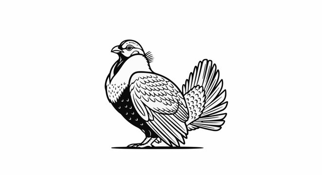 Detailed black and white drawing of a game bird standing on a plain surface