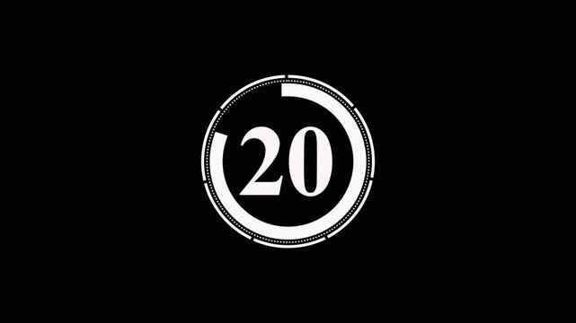 Minimalist white countdown clock from twenty five to zero with rotating progress ring on black background