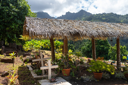 Ancient cemetery in Atuona, Hiva Oa, French Polynesia, Marquesas Islands