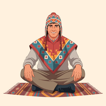 Man in traditional Andean clothing sitting cross-legged on a colorful rug