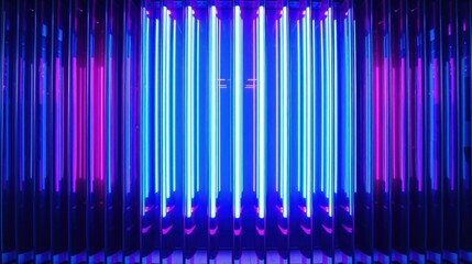 Obraz premium Vertical neon lights create immersive tunnel effect. Blue, pink hues dominate dark space. Modern installation, vibrant energy.
