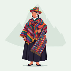 Obraz premium Peruvian woman in traditional colorful clothing and hat, Andes mountains background