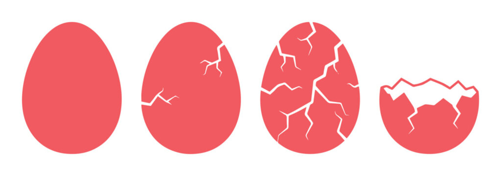 Red egg hatching sequence vector, cracked eggshell stages icon set, flat pink egg evolution from whole to broken shell, 4 icons for growth and birth