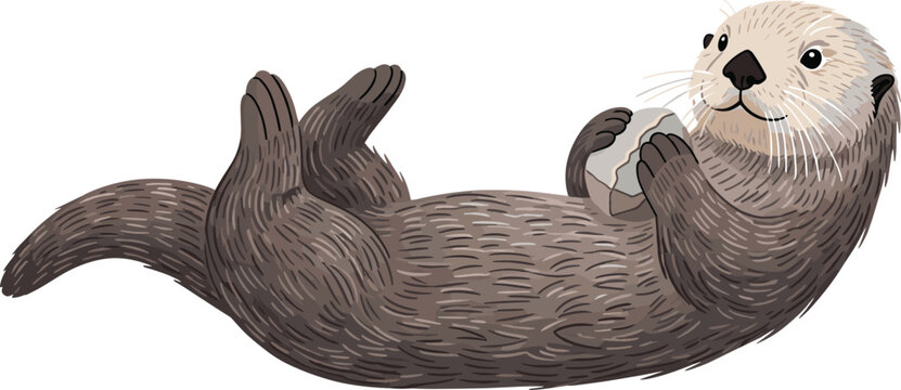 "Illustration of a Cute Otter Playing with a Rock on Its Back, Vector Drawing of a Sea Animal"