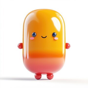 3D cartoon capsule medicine character, vibrant and playful, isolated on white background.
