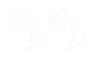 Fototapeta premium Minimalist cat silhouette line art vector, celestial feline sitting under crescent moon and stars, elegant pet outline illustration