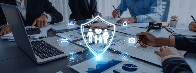 Concept of comprehensive insurance coverage and financial planning. A policy that provides life,...