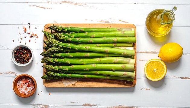 Fresh green asparagus on a wooden board with seasonings