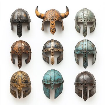 Viking helmets isolated on white, showcasing their unique shapes and decorations.