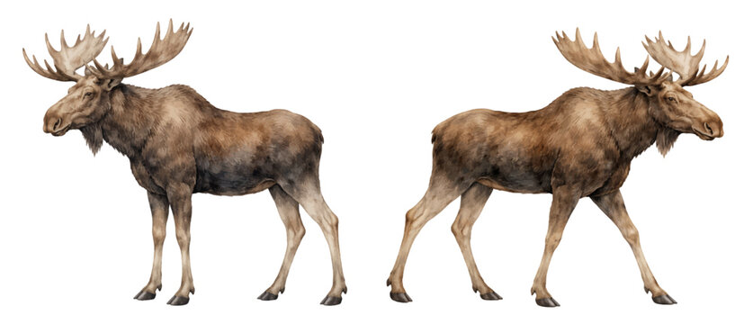 A charming watercolor collection of moose featuring large forest deer with massive antlers and rich brown fur illustrated in a natural wildlife style.