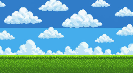 Naklejka premium A vibrant pixel art landscape featuring a bright blue sky filled with fluffy white clouds above a lush green grassy field.