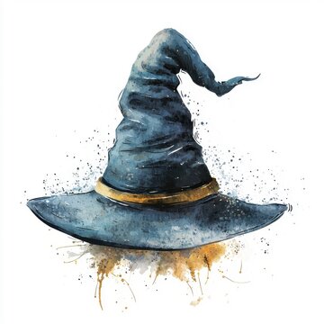 Watercolor style representation of a witch hat, isolate on a white background, using soft colors and fluid brush strokes.