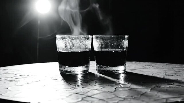 Dramatic shot of two shot glasses on a cracked table with smoke rising in a dimly lit setting