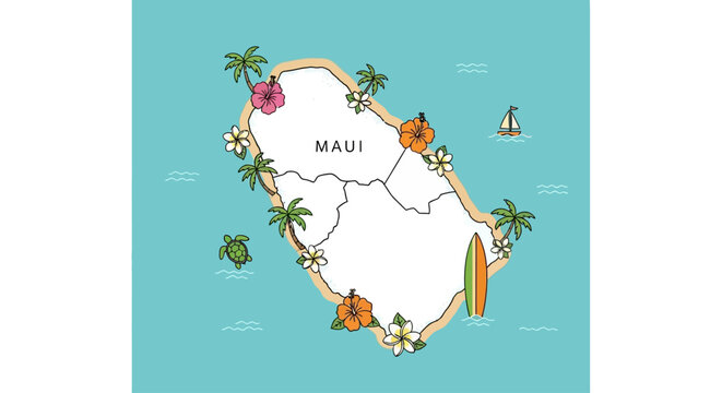 Stylized map of Maui island with tropical flora and fauna, including palm trees, hibiscus, plumeria, a sea turtle, surfboard, and sailboat on a blue background.