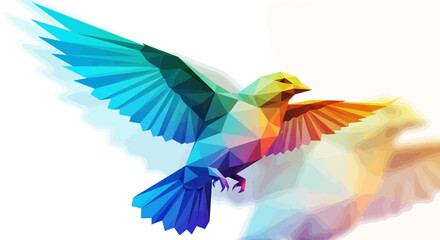 Obraz premium A vibrant, low-poly bird with wings spread wide, rendered in a spectrum of rainbow colors, soaring against a white background with a subtle shadow.